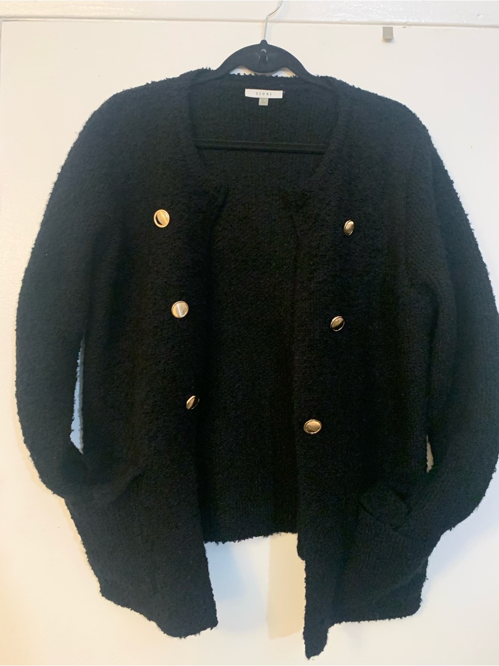 Sioni Black Bouclé Double-Breasted Cardigan with Gold Buttons